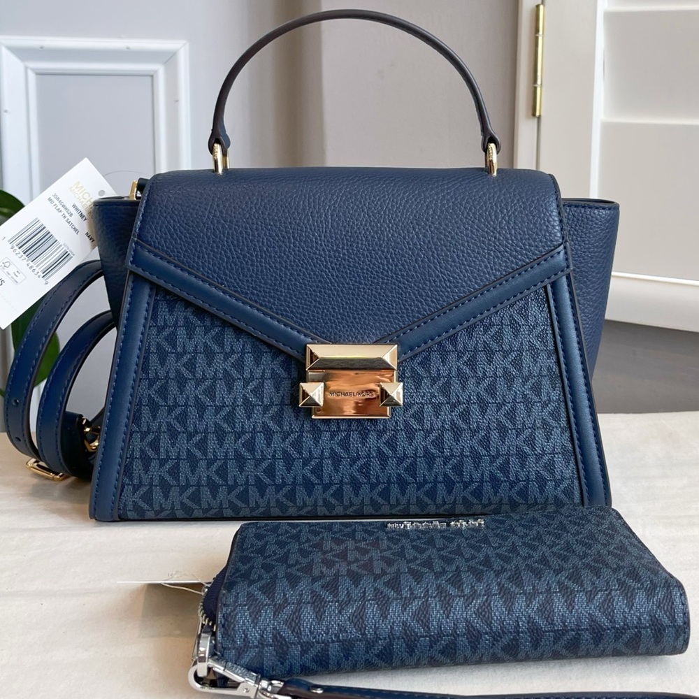Michael Kors Whitney Navy Medium Flap Satchel And Wallet Set